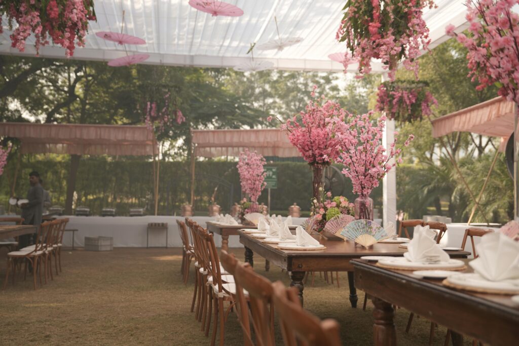 Beautifully decorated outdoor Indian wedding setup with floral arrangements in Delhi.